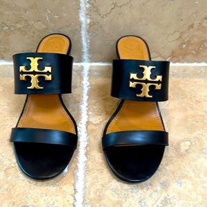 Tory Burch black wedge calf leather sandal